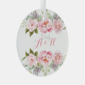 ピンクフローラリースエレガントな結婚記念日 ガラスオーナメント (正面右)