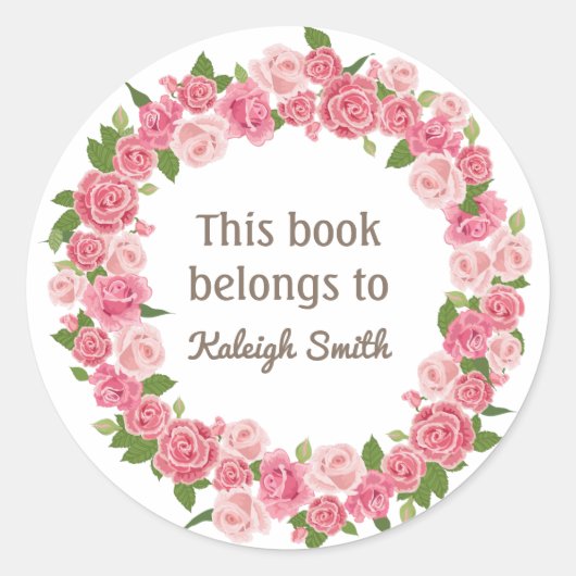 ピンクフローラリースオンホワイトブック名プレート ラウンドシール (正面)