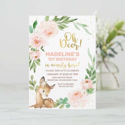 ピンクフローラリースオーディア誕生日招待状 招待状 (スタンド正面)