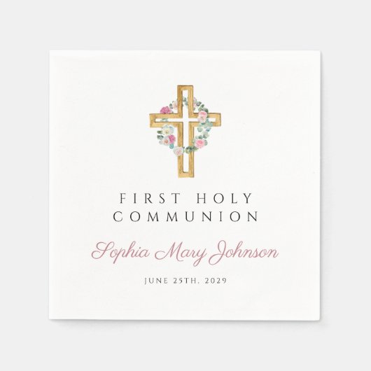 ピンクフローラリースガールファースト聖餐式 スタンダードカクテルナプキン (正面)