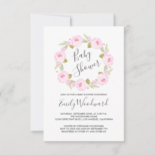 ピンクフローラリースガールベビーシャワー 招待状 (正面)