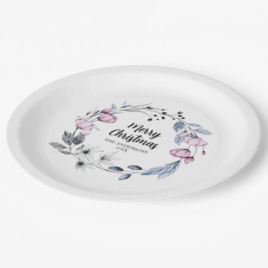 ピンクフローラリースクリスマス ペーパープレート (アングル)