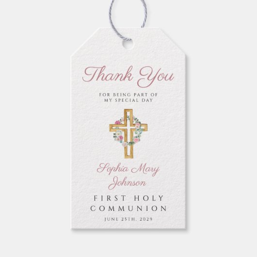 ピンクフローラリースクロスガールファースト聖餐式 ギフトタグ (正面)