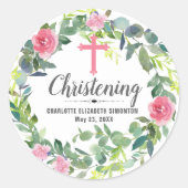 ピンクフローラリースクロスパーソナライズされた《キリスト教》洗礼式や命名式 ラウンドシール (正面)