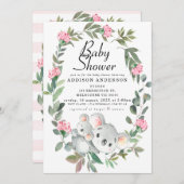 ピンクフローラリースコアラベアベビーシャワー 招待状 (正面/裏面)