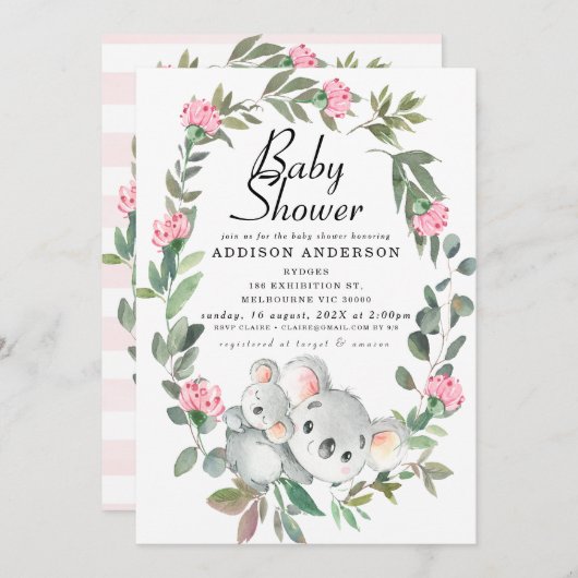 ピンクフローラリースコアラベアベビーシャワー 招待状 (正面/裏面)