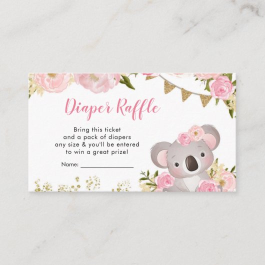 ピンクフローラリースコアラ赤ちゃんシャワーおむつラッフル エンクロージャーカード (正面)