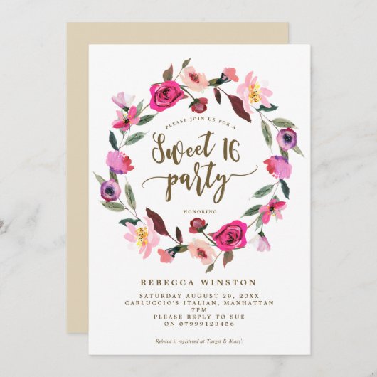 ピンクフローラリーススウィート16パーティー招待状 招待状 (正面/裏面)