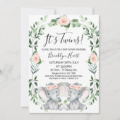 ピンクフローラリースツインエレファントベビーシャワー 招待状 (正面)