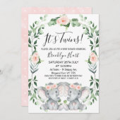 ピンクフローラリースツインエレファントベビーシャワー 招待状 (正面/裏面)