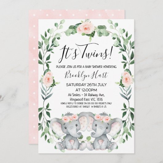 ピンクフローラリースツインエレファントベビーシャワー 招待状 (正面/裏面)