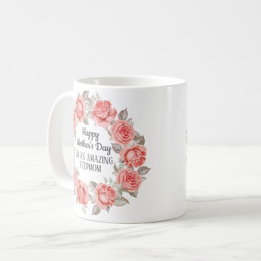 ピンクフローラリースハッピーマザーズデイステプマザー コーヒーマグカップ (正面左)