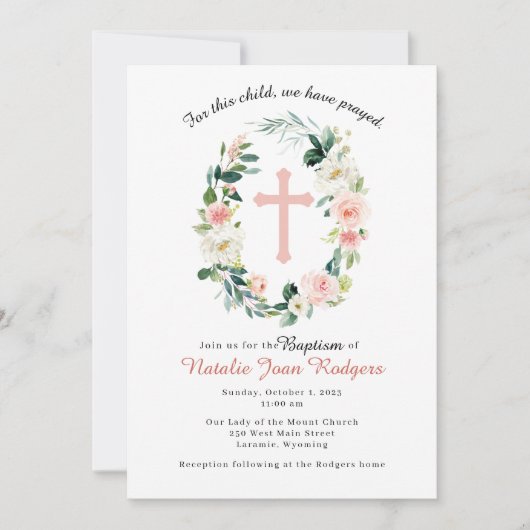 ピンクフローラリースバプテスマ招待状 招待状 (正面)