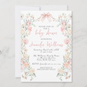 ピンクフローラリースボウバタフライベビーガールシャワー 招待状 (正面)