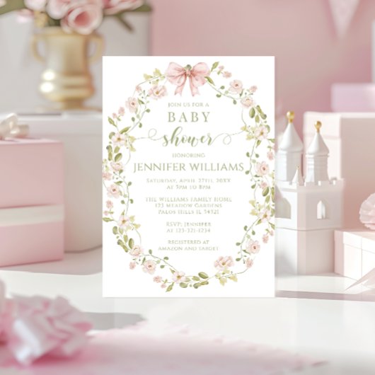 ピンクフローラリースボウベビーガールシャワー 招待状