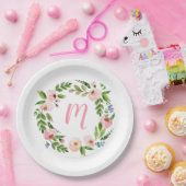 ピンクフローラリースモノグラムバースデーパーティープレート ペーパープレート (パーティー)