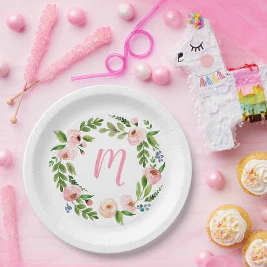 ピンクフローラリースモノグラムバースデーパーティープレート ペーパープレート (パーティー)