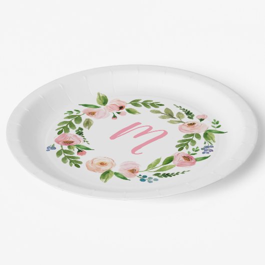 ピンクフローラリースモノグラムバースデーパーティープレート ペーパープレート (アングル)