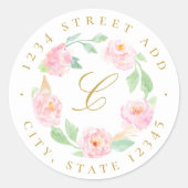 ピンクフローラリースモノグラム差出人住所 ラウンドシール (正面)