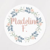 ピンクフローラリース名前をカスタムするイニシャル学校 ラベル (デザイン2)