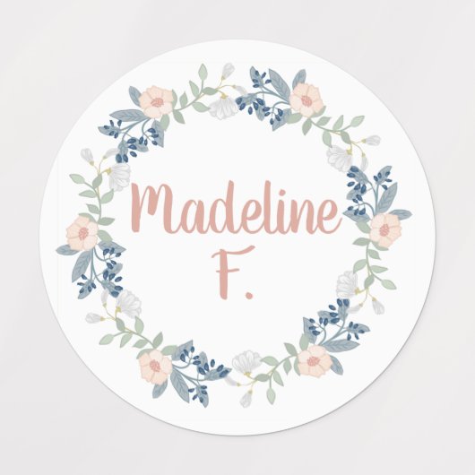 ピンクフローラリース名前をカスタムするイニシャル学校 ラベル (デザイン1)