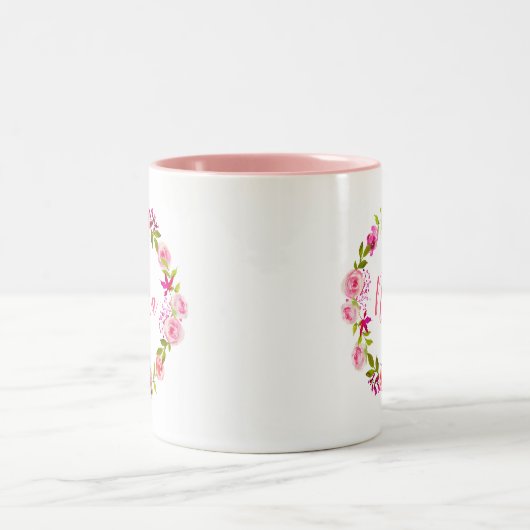 ピンクフローラリース母の日の贈り物ナナ ツートーンマグカップ (中央)