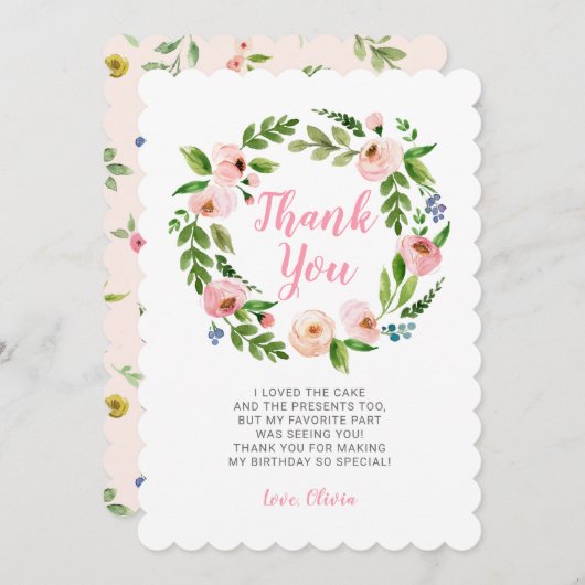 ピンクフローラリース牡丹誕生日サンキューカード 招待状 (正面/裏面)
