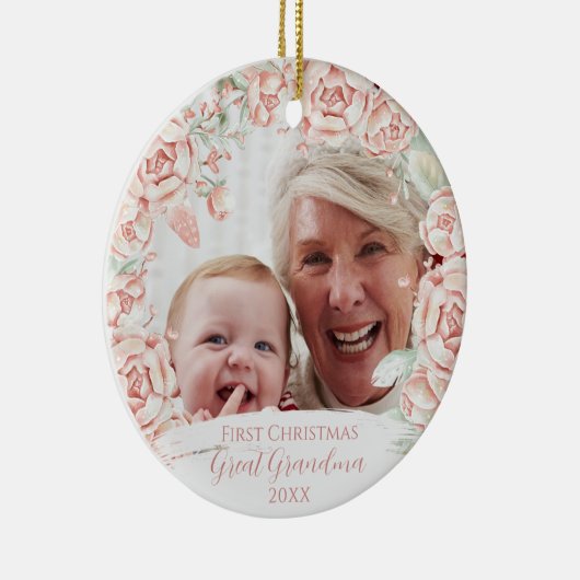ピンクフローラリース素晴らしおばあちゃん初めてのクリスマス セラミックオーナメント (右)