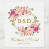 ピンクフローラリース金ゴールド結婚モノグラム ワインラベル (シングルラベル)