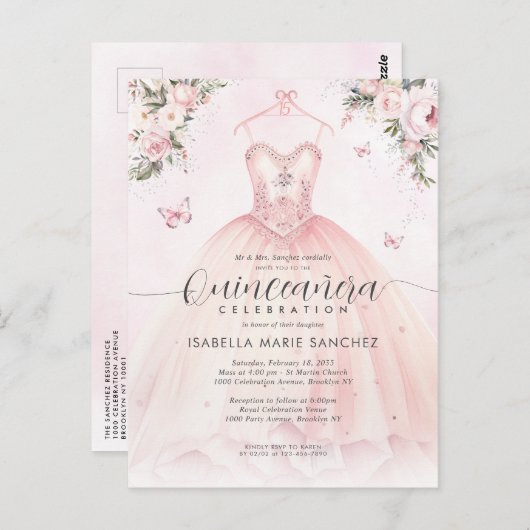 ピンクフローラルプリンセスガウンQuinceanera誕生日 ポストカード (正面/裏面)