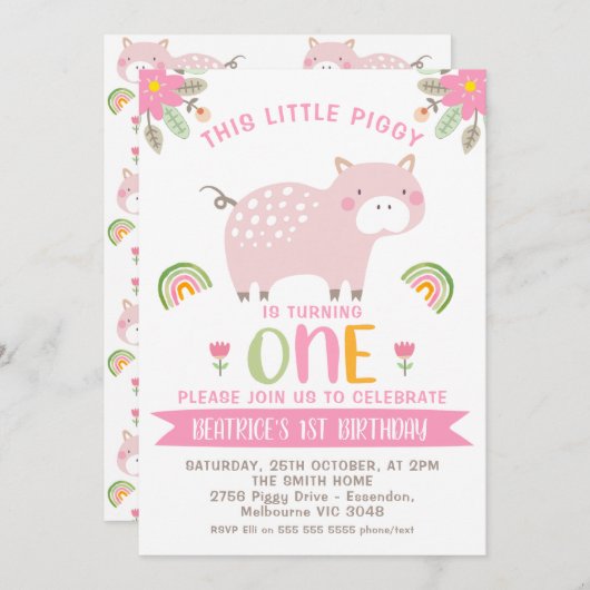 ピンクフローラレインボーズリトルピギー1st誕生日 招待状 (正面/裏面)