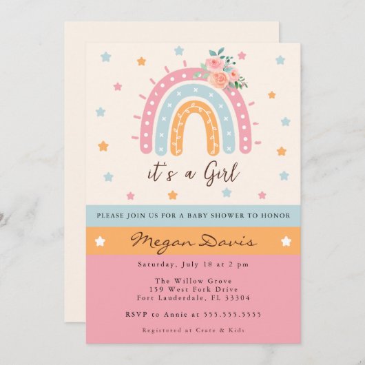 ピンクフローラレインボーベビーシャワー女の子 招待状 (正面/裏面)