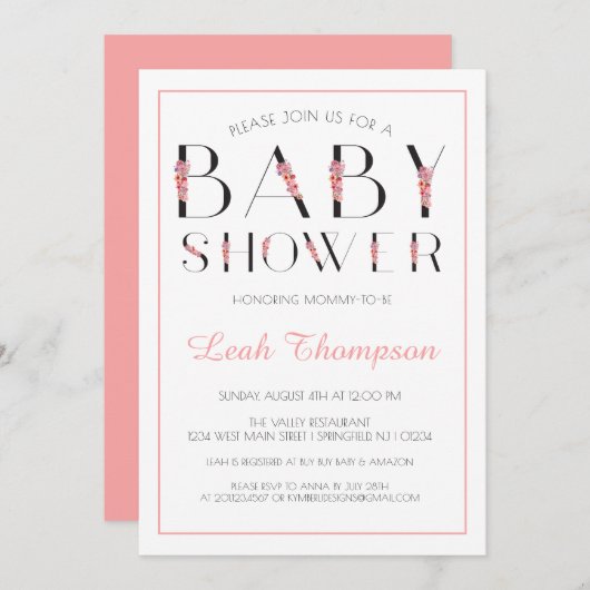 ピンクフローラレターベビーシャワー 招待状 (正面/裏面)