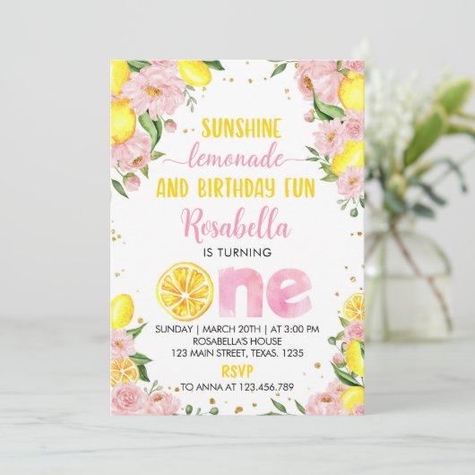 ピンクフローラレモネード1st誕生日招待状 招待状 (スタンド正面)
