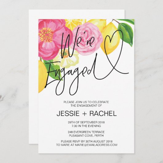 ピンクフローラレモンサマー婚約パーティハート 招待状 (正面/裏面)