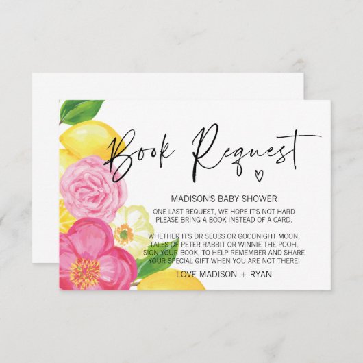 ピンクフローラレモンベビーシャワーブックリクエストカード エンクロージャーカード (正面/裏面)