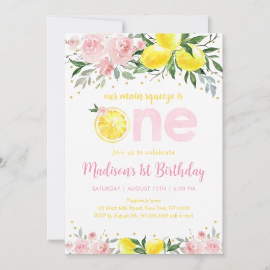 ピンクフローラレモンメインスクイーズファースト誕生日 招待状 (正面)