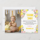 ピンクフローラレモン誕生日写真サンキューカード サンキューカード (正面)