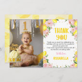 ピンクフローラレモン誕生日写真サンキューカード サンキューカード (正面/裏面)