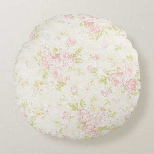 ピンクフローラレースシャビーシック素朴ヴィンテージ ラウンドクッション (正面)