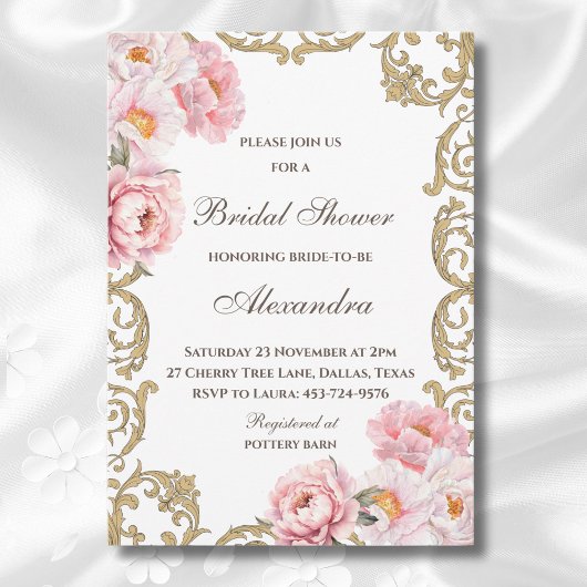 ピンクフローラロココヴィンテージ牡丹ブライダルシャワー 招待状