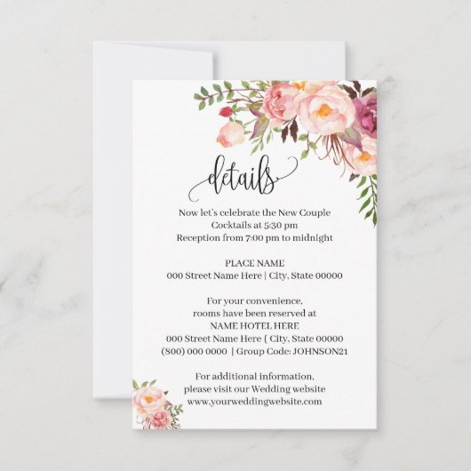 ピンクフローラロマンチックbohoシック挿入カード 招待状 (正面)