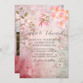 ピンクフローラロマンチックQRコー結婚ド 招待状 (正面/裏面)