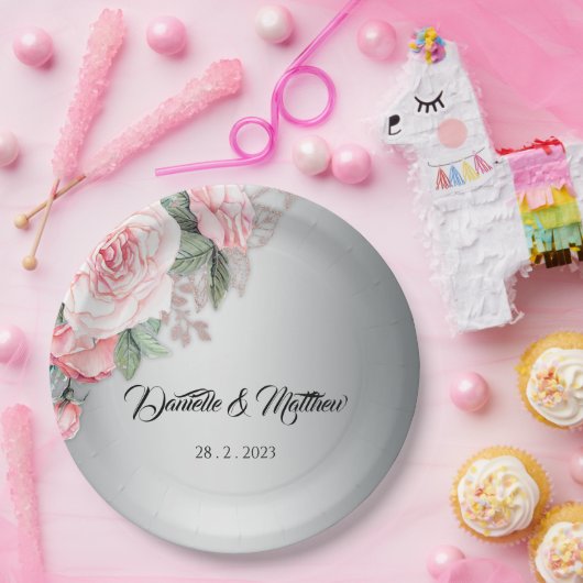 ピンクフローラローズブーケとシルバー結婚ズ ペーパープレート (パーティー)