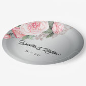 ピンクフローラローズブーケとシルバー結婚ズ ペーパープレート (アングル)