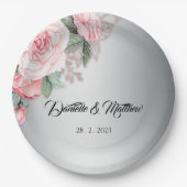 ピンクフローラローズブーケとシルバー結婚ズ ペーパープレート (正面)