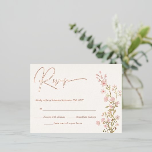 ピンクフローラワイルドフラワーズガーデンRSVP実在バラ金ゴールド 箔招待状ポストカード (立ち正面)