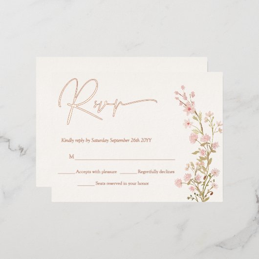 ピンクフローラワイルドフラワーズガーデンRSVP実在バラ金ゴールド 箔招待状ポストカード (正面/裏面)