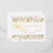 ピンクフローラワイルドフラワーズボタニカルRSVP実在金ゴールド 箔招待状ポストカード (正面/裏面)