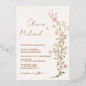 ピンクフローラワイルドフラワーズ庭園の結婚式バラ金ゴールド 箔招待状 (正面)